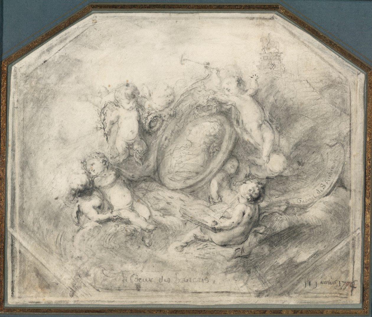 En portrætmedaljon af kong Louis XV omgivet af Putti med berømmelse og histories egenskaber af Gabriel Jacques de Saint Aubin