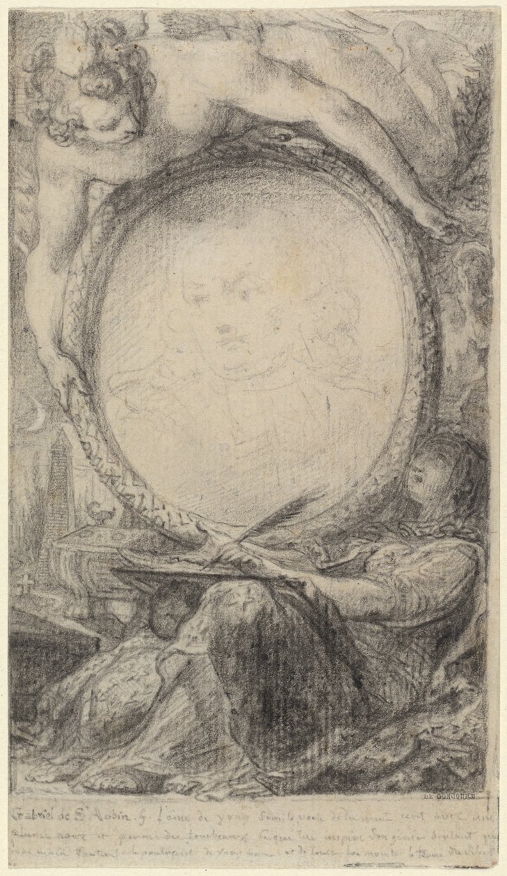 Allegorisk ramme med et geni og en tilsløret kvinde, der skriver af Gabriel Jacques de Saint Aubin
