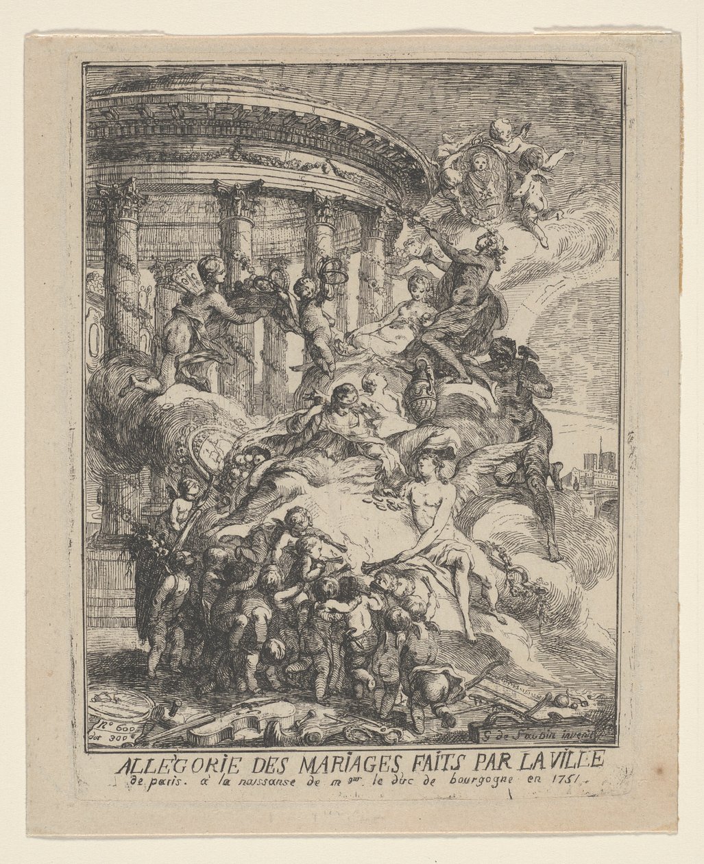 Allegori om ægteskaber lavet af byen Paris ved fødslen af ​​hertugen af ​​Bourgogne af Gabriel Jacques de Saint Aubin