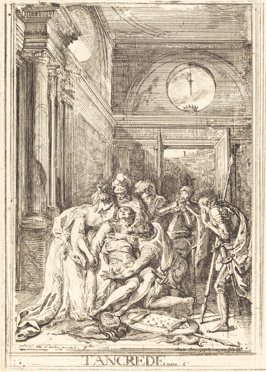 Tancreds død [til venstre] af Gabriel Jacques de Saint Aubin