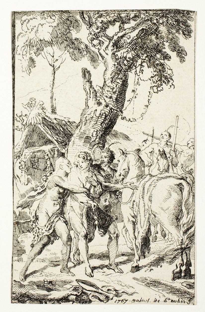 The Escape of M. de Belle-Isle, Prisoner in the Attakapas, plade fire fra Les Nouveaux Voyages aux Indes Occidentales af Gabriel Jacques de Saint Aubin