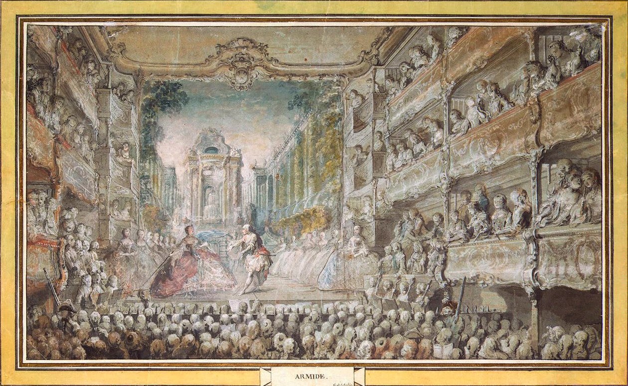 Opførelsen af Armida i Operahusets gamle auditorium efter 1761. af Gabriel Jacques de Saint Aubin
