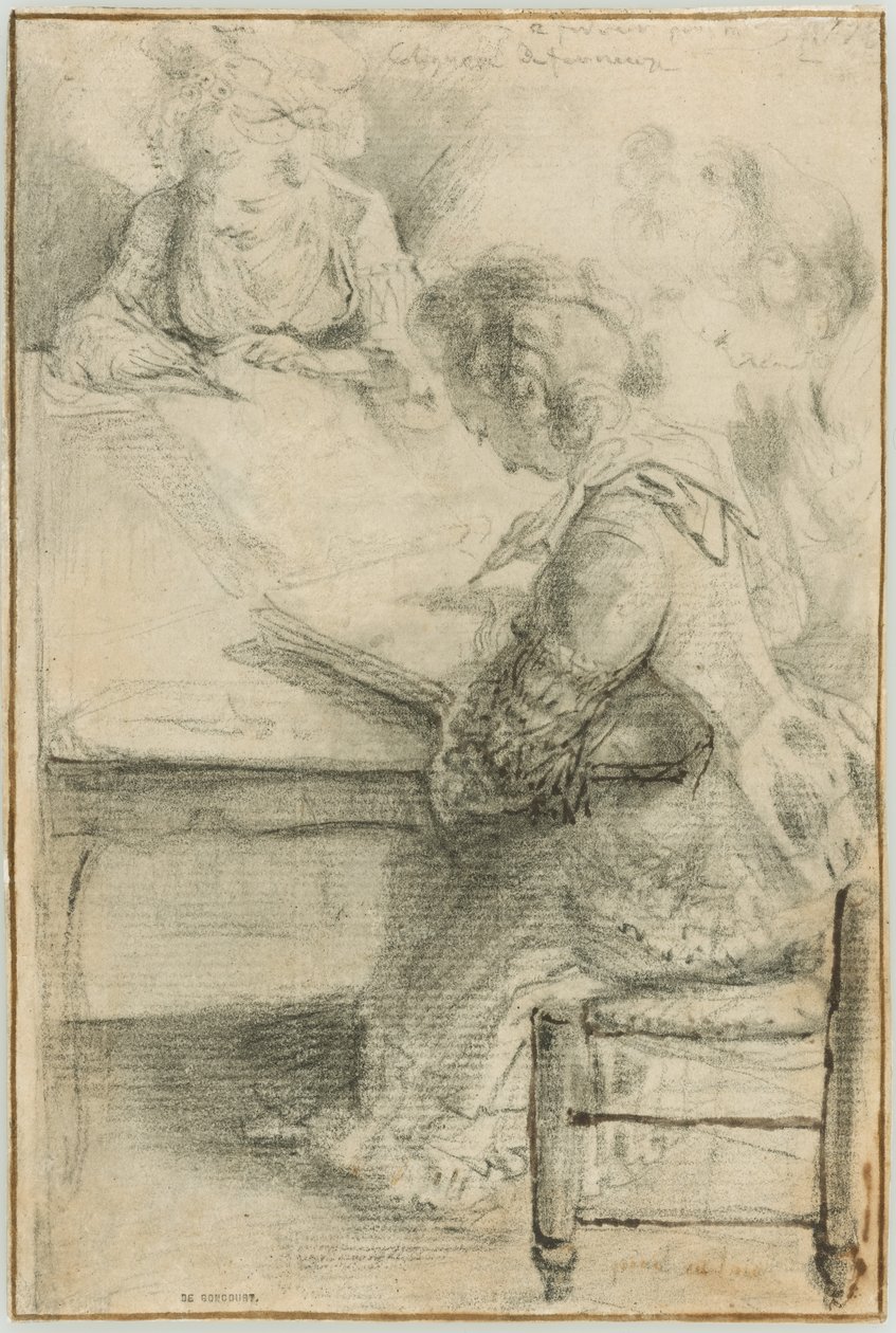 Tre unge kvinder tegner ved et bord af Gabriel Jacques de Saint Aubin
