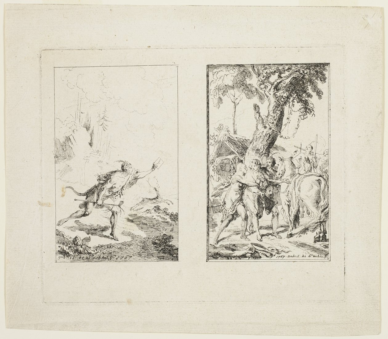 Vignetter til "New Voyages to the West Indies" af Chevalier Bossu af Gabriel Jacques de Saint Aubin