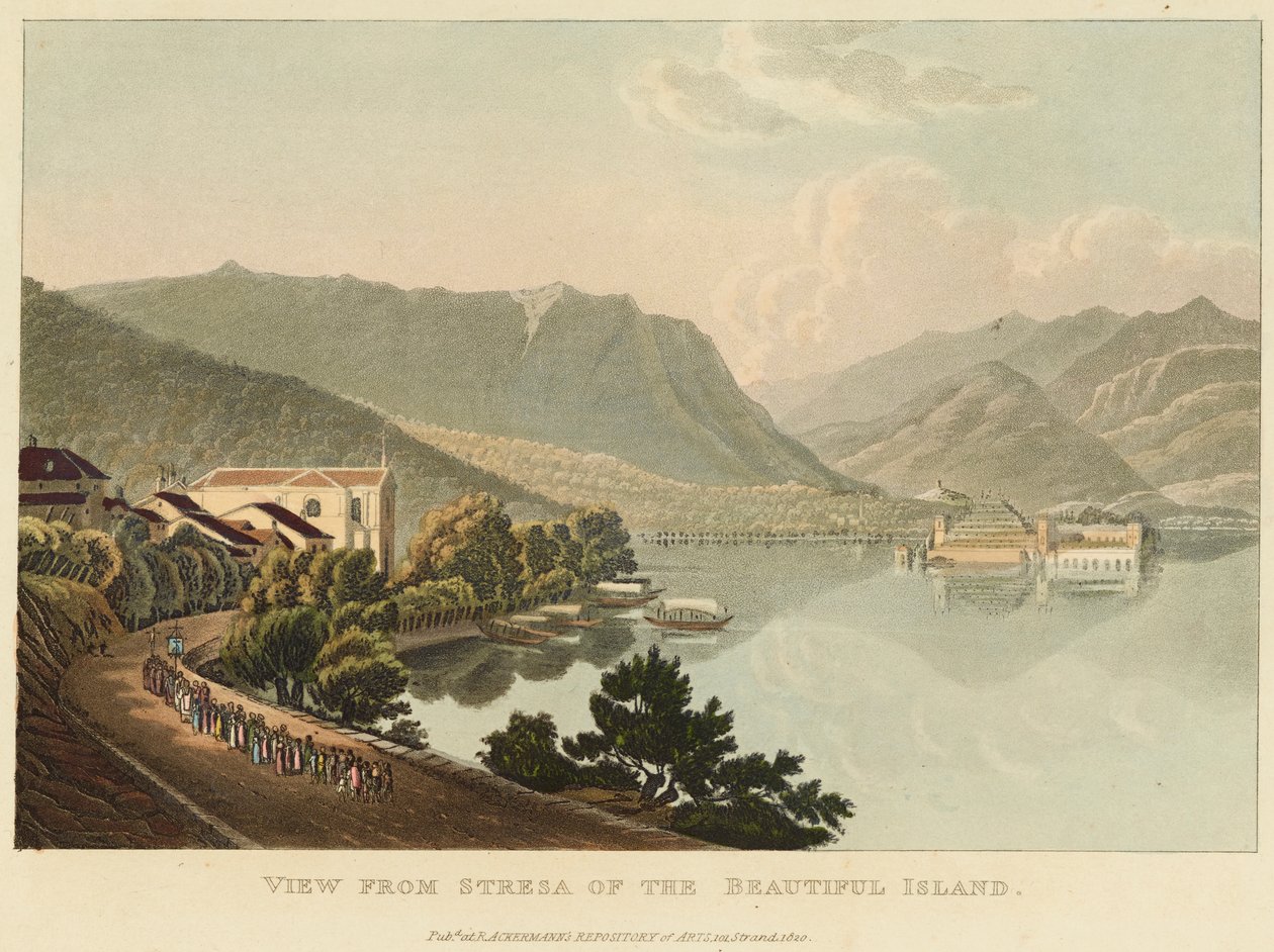 Udsigt fra Stresa af den smukke ø (Isola Bella, Lago Maggiore), før 1820 (akvarel over radering og akvatint på vævet papir) af Gabriel L. and Lory Mathias G.  Lory