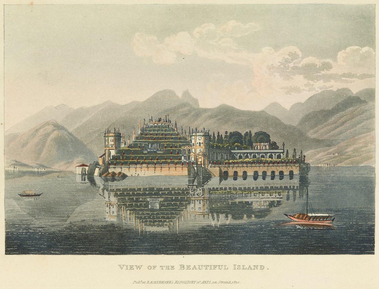 Udsigt over den smukke ø (Isola Bella, Lago Maggiore), før 1820 (akvarel over radering og akvatint på vævet papir) af Gabriel L. and Lory Mathias G.  Lory