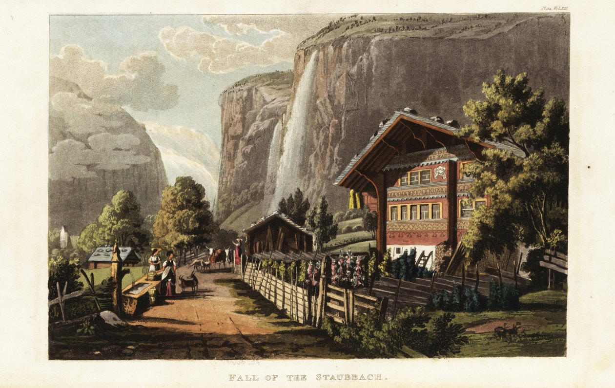 Udsigt over Staubbach Fall, et vandfald i Schweiz, beliggende lige vest over Lauterbrunnen i Bernerhøjlandet af Gabriel Ludwig (after) Lory