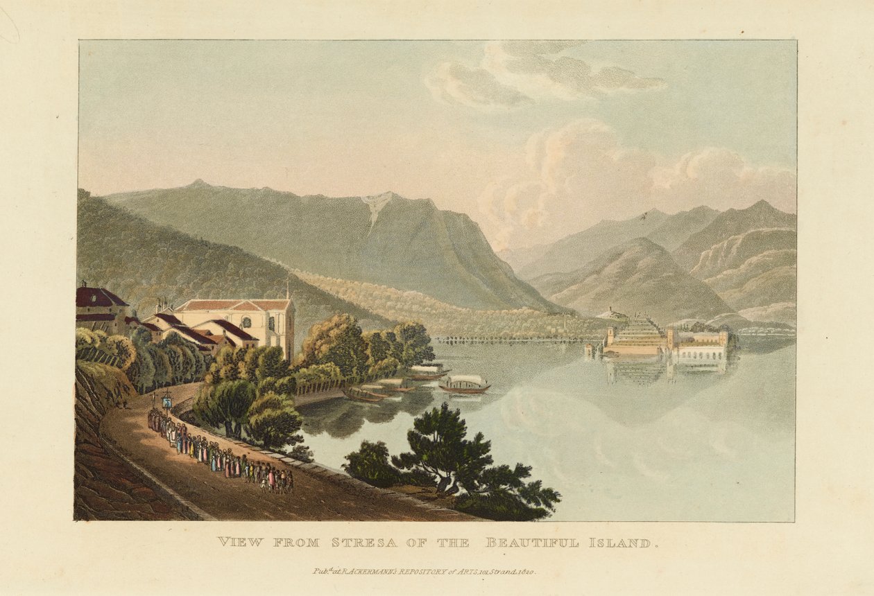 Udsigt fra Stresa af den smukke ø Isola Bella, Lago Maggiore, før 1820. af Gabriel Ludwig Lory