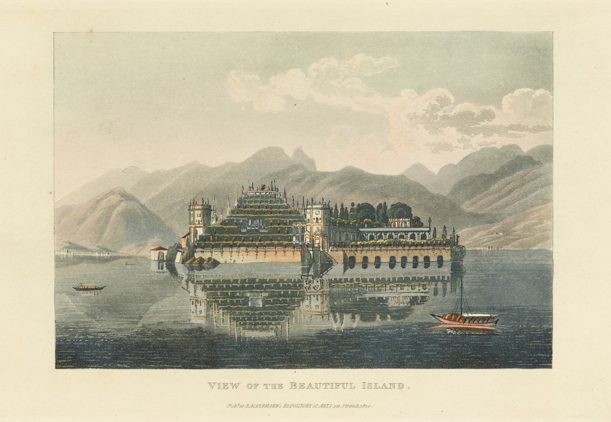 Udsigt over den smukke ø Isola Bella, Lago Maggiore, før 1820. af Gabriel Ludwig Lory