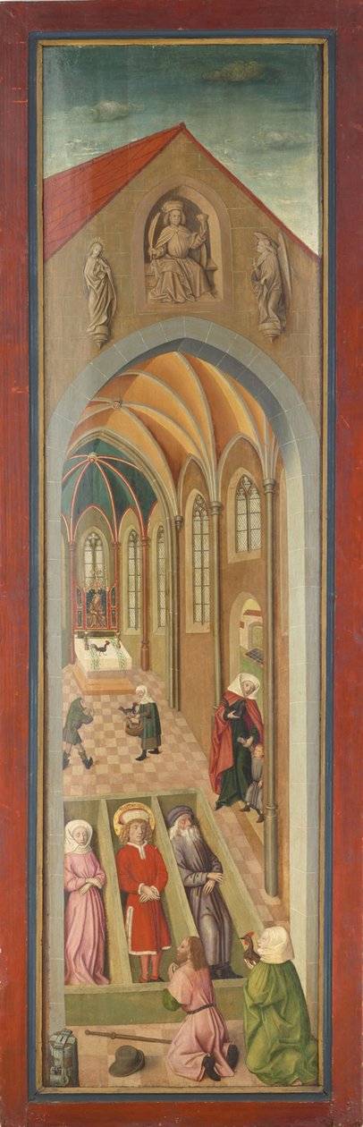 Plade af St. Veits-Altar fra Tegernsee Monastery Church, The Holy Veit, Modestus og Kreszentia i deres kister, tilbedt af et pilgrimpar af Gabriel Maeleßkircher