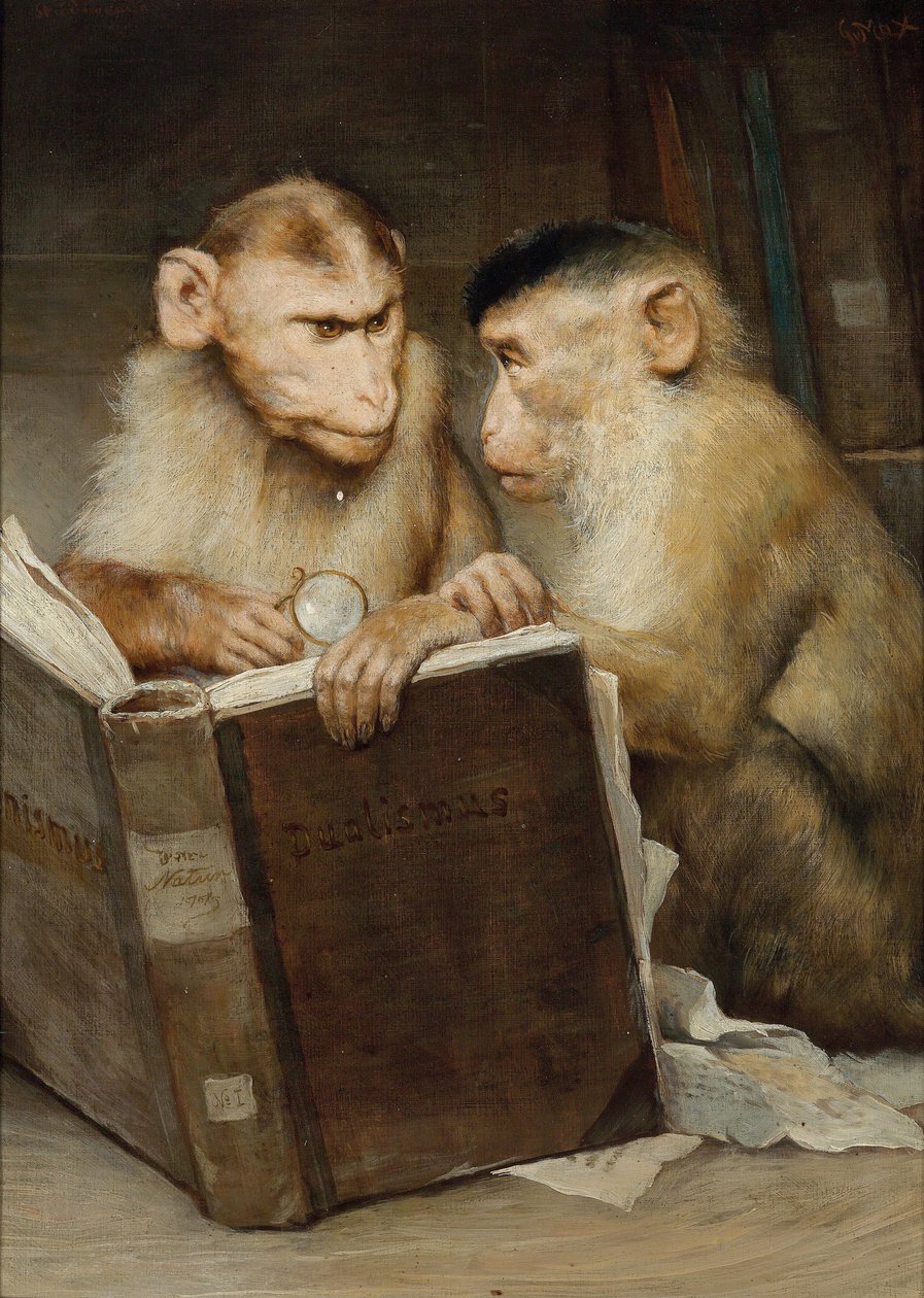 ""Les savants"" (De lærde) To aber holder en åben bog - Maleri af Gabriel Cornelius Ritter von Max (1840-1915) Privat samling af Gabriel Max