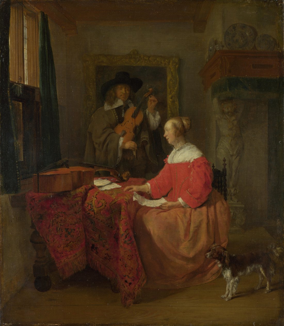 En kvinde, der sidder ved et bord, og en mand, der stemmer en violin, ca. 16571658 af Gabriel Metsu