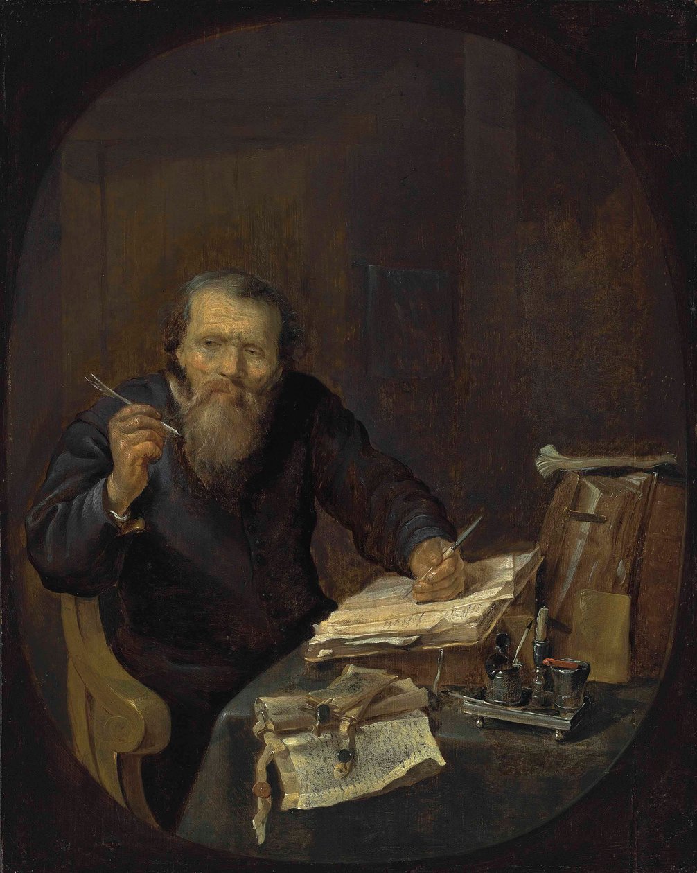 En notar, der spidser sin pen, i et interiør af Gabriel Metsu