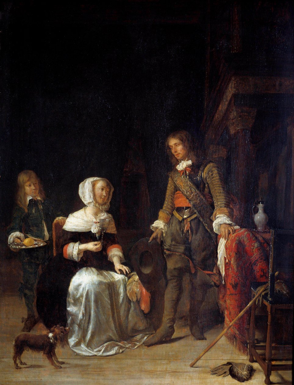 En soldat på besøg hos en ung pige Maleri af Gabriel Metsu (1629-1667) 1600-tallets søn. 0,63x0,47 m af Gabriel Metsu
