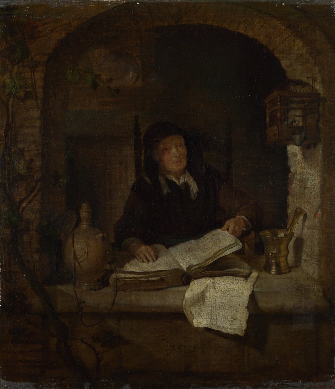 En gammel kvinde med en bog, ca. 1660 af Gabriel Metsu