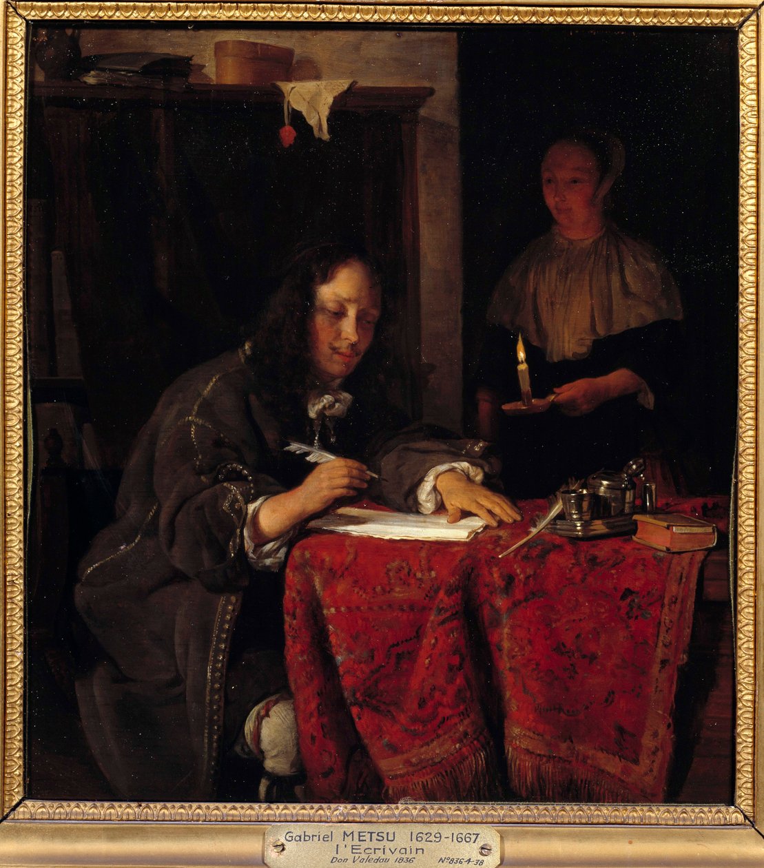 Forfatteren. Tjeneren holder et lys, så forfatteren har lys at skrive ved. af Gabriel Metsu
