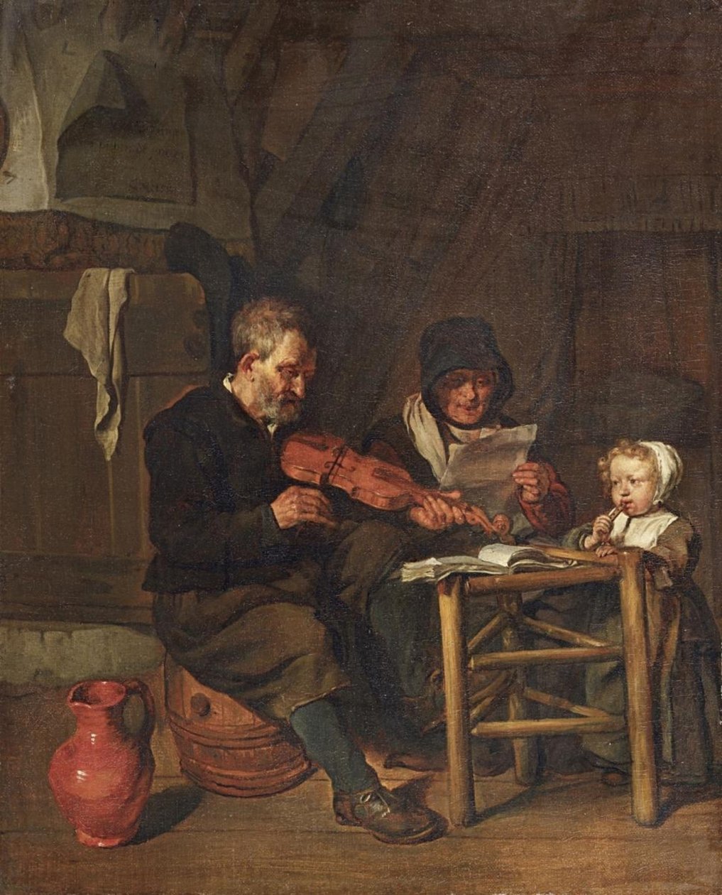 Hollandsk: Soo de oude songen, soo piepen de jongen Som de gamle synger, så piber de unge af Gabriel Metsu