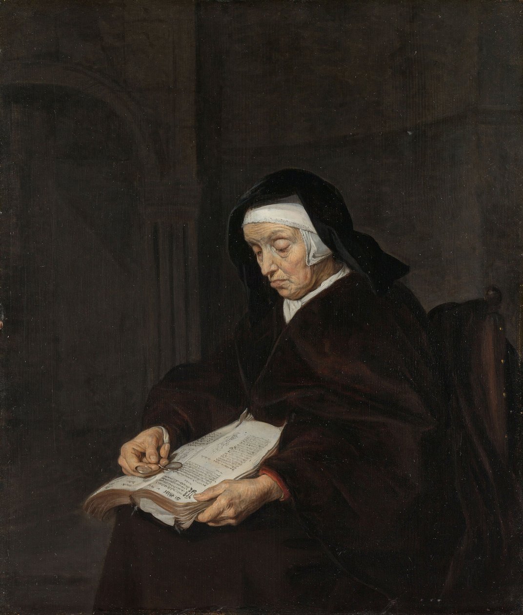 Gammel kvinde mediterer, c.1661-63 af Gabriel Metsu