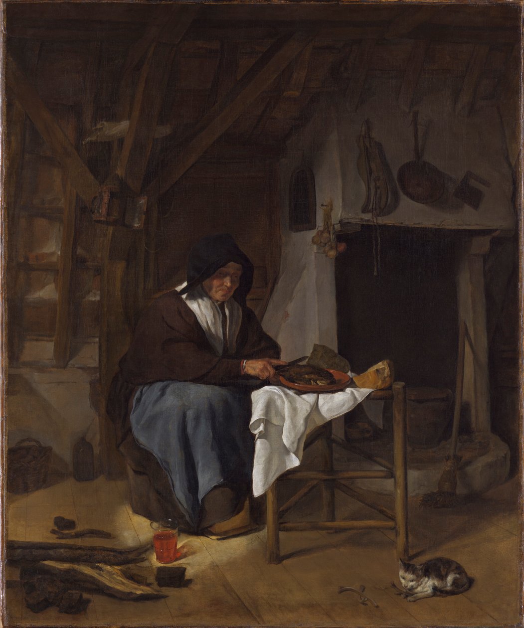 Gammel kvinde ved sit måltid i et interiør af Gabriel Metsu