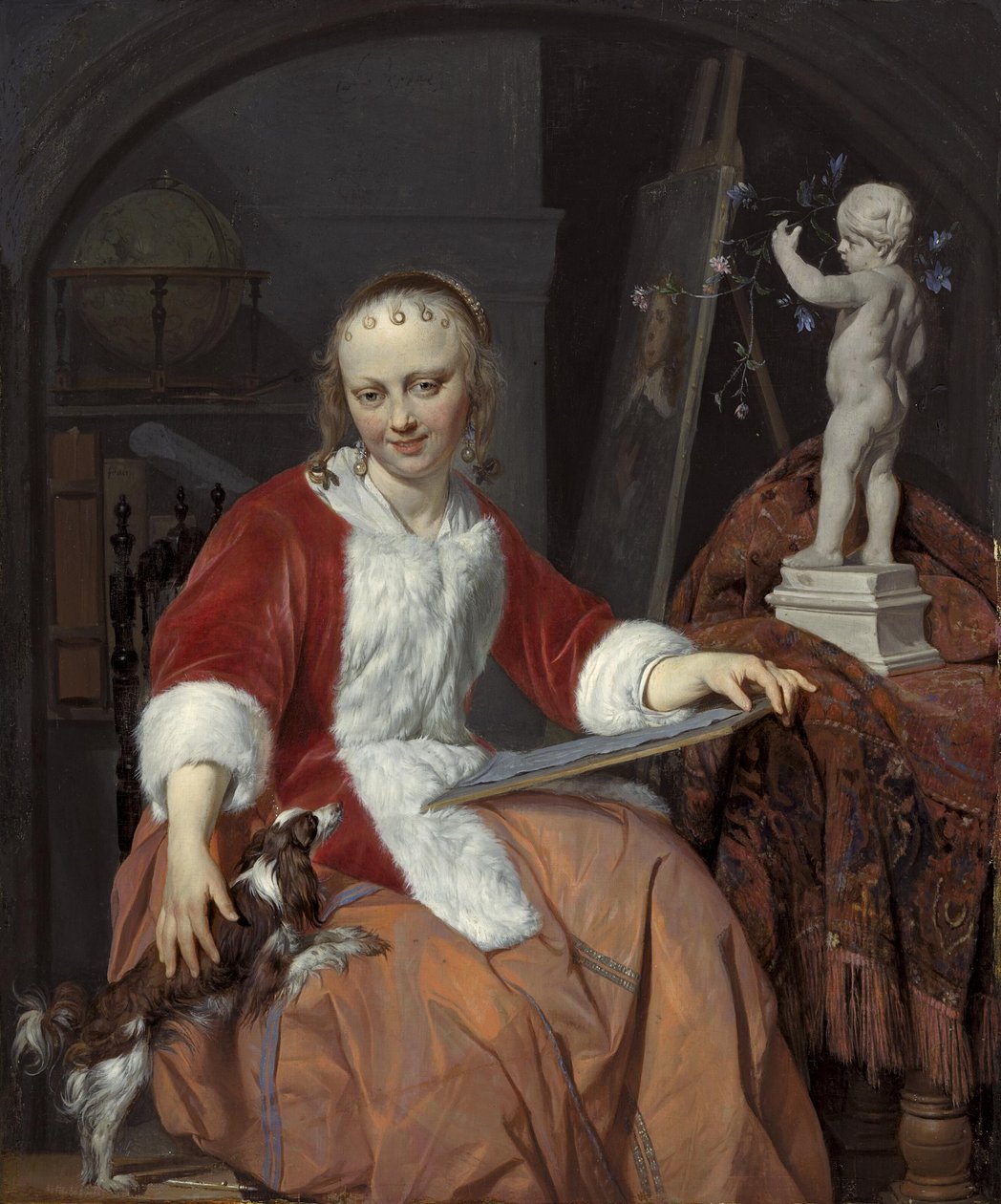 Portræt af Isabella de Wolff (....-1718) som kunstner af Gabriel Metsu
