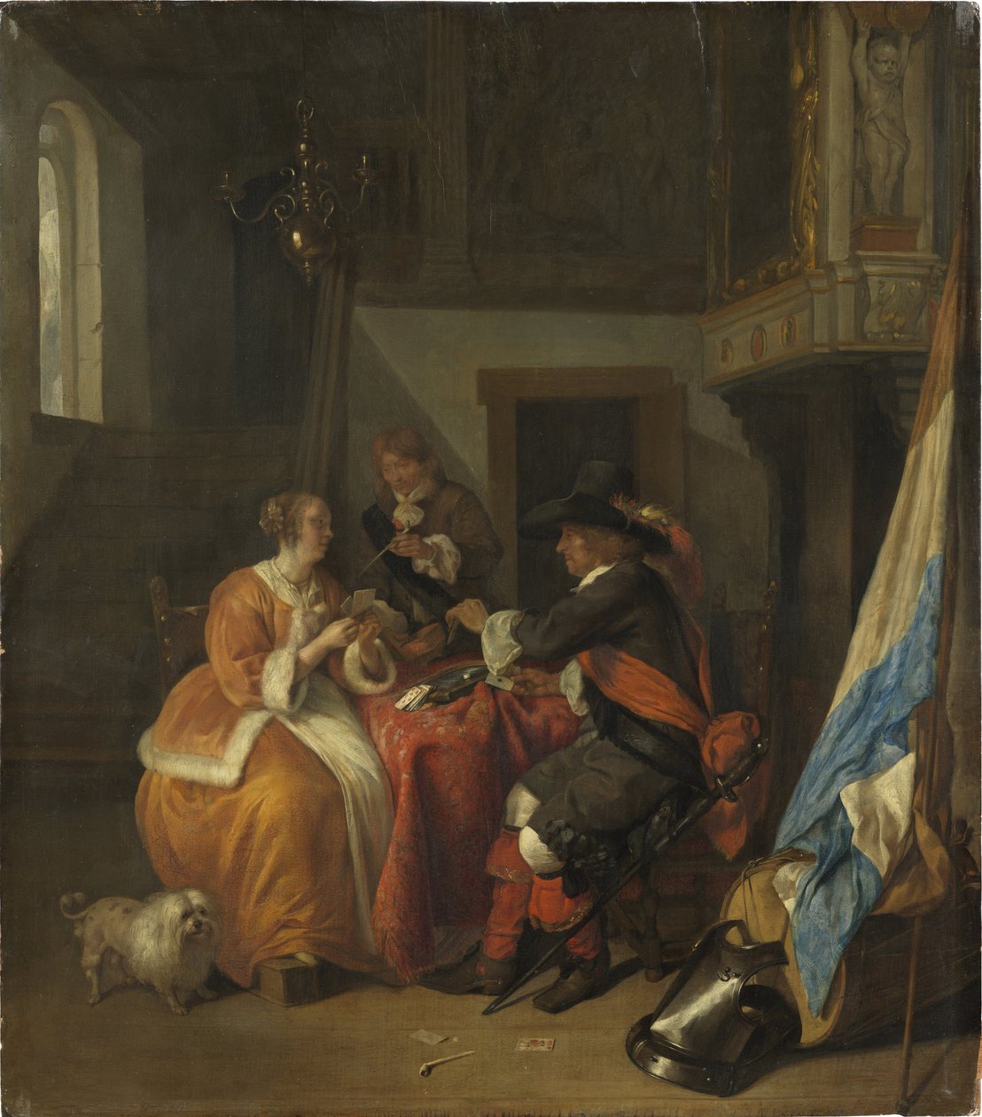 Et kortspil - Et kortspil, af Metsu, Gabriel (1629-1667). olie på træ af Gabriel Metsu