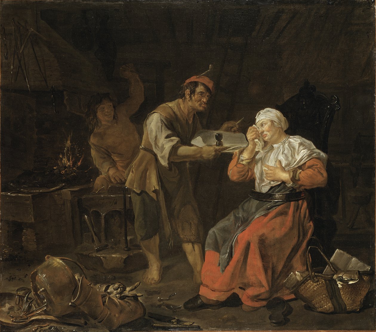 Grædende kvinde i en smedebutik, ca. 1650 af Gabriel Metsu
