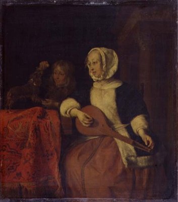 Kvinde spiller mandolin, ca. 1660-65 (olie på panel) af Gabriel Metsu