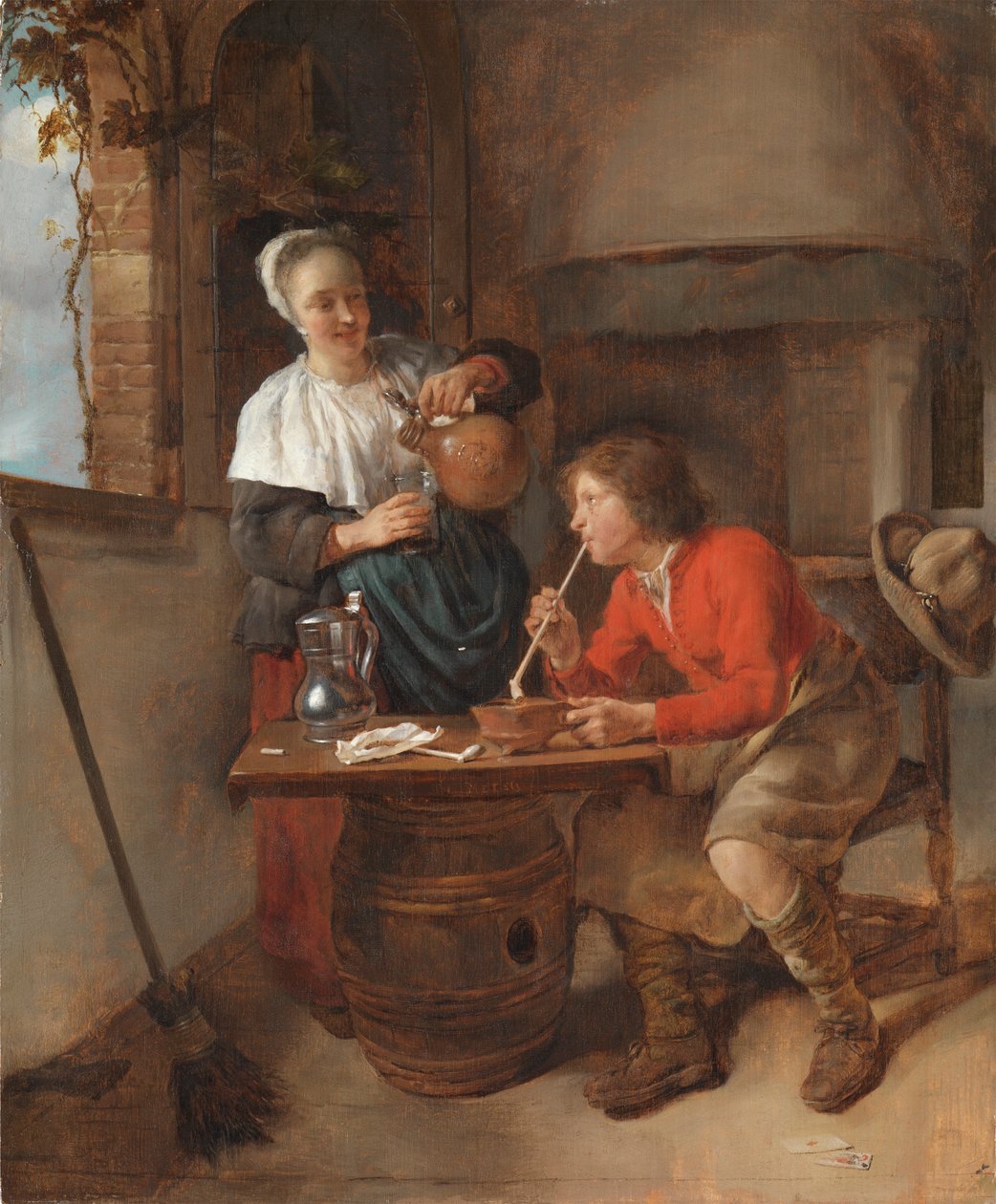 Ung mand, der ryger, og en kvinde, der skænker øl af Gabriel Metsu