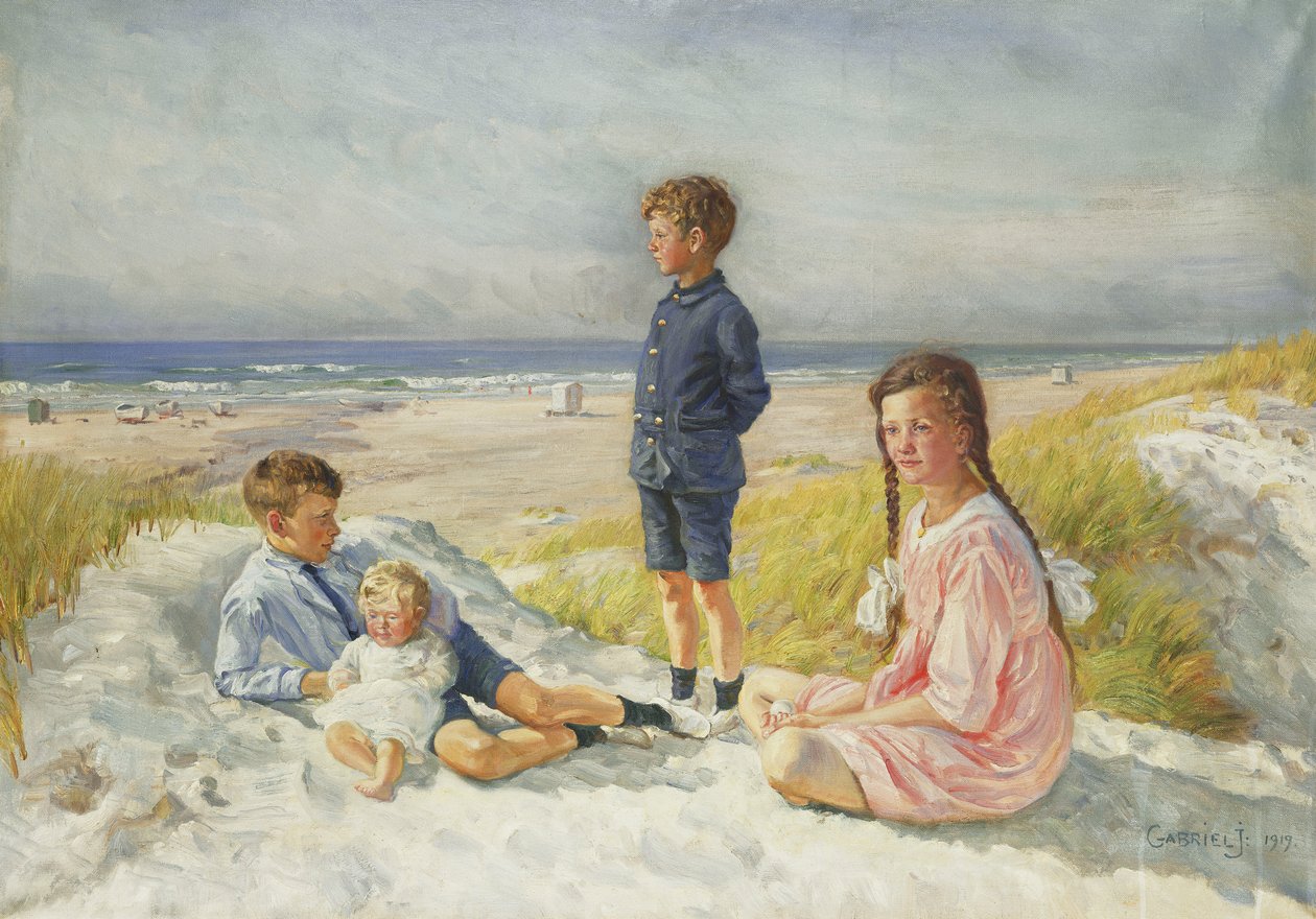 Erik, Else, Ove og Birthe Schultz på en Strand af Gabriel Oluf Jensen