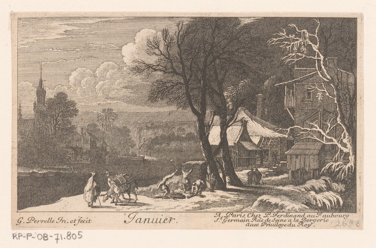 Titeltryk med landskab i januar måned Janvier (titel på objekt) Tolv måneder (serietitel) af Gabriel Perelle