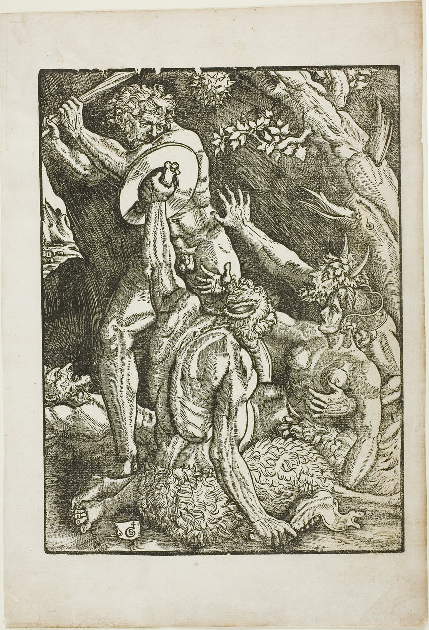 Hercules, Two Satyrs, and a Woman, tallerken to fra The Labors of Hercules af Gabriel Salmon