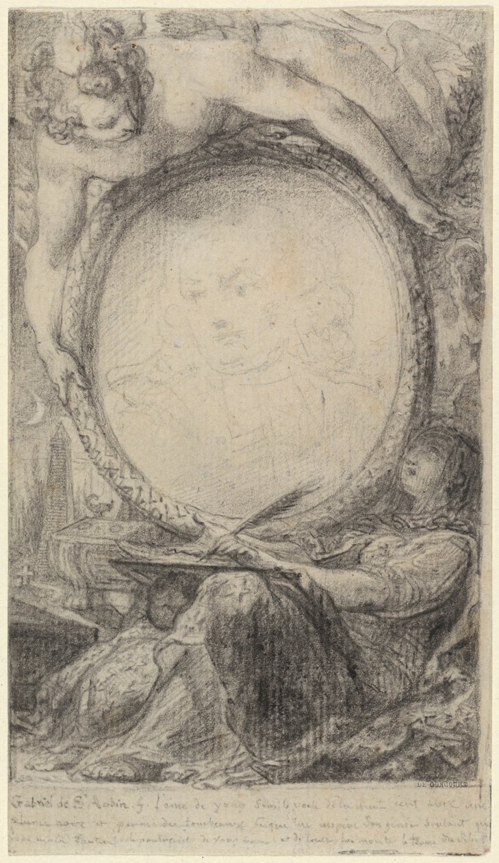 Allegorisk ramme med et geni og en tilsløret kvinde, der skriver, ca. 1769 (sort kridt på papir) af Gabriel de Saint-Aubin