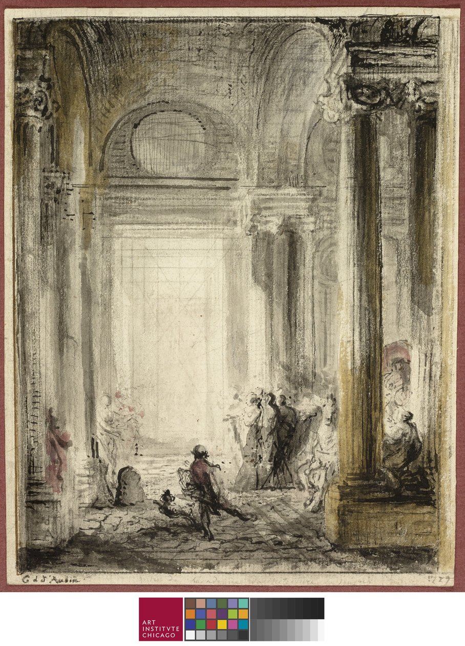 Indgangen til Arkitektakademiet ved Louvre af Gabriel de Saint Aubin