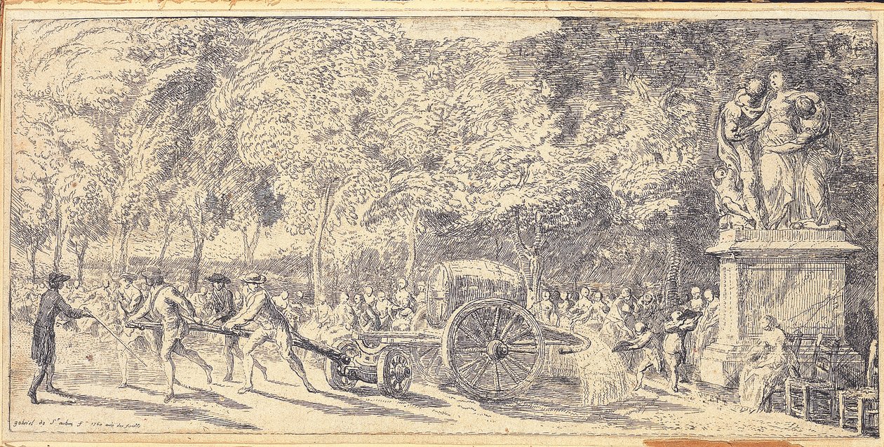 Figurer, der trækker en tønde på en trolley i Tuilerierne, 1760 af Gabriel de Saint Aubin
