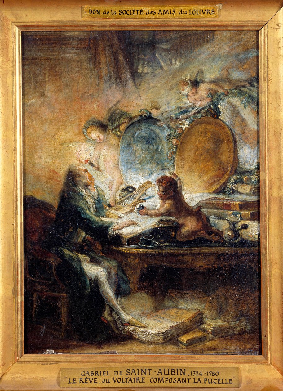 Le Reve ou Voltaire (1694-1778) komponerer Tjenestepigen"""" Maleri af Gabriel Jacques de Saint Aubin (1724-1780) Søn. 0,32x0,24 m af Gabriel de Saint Aubin