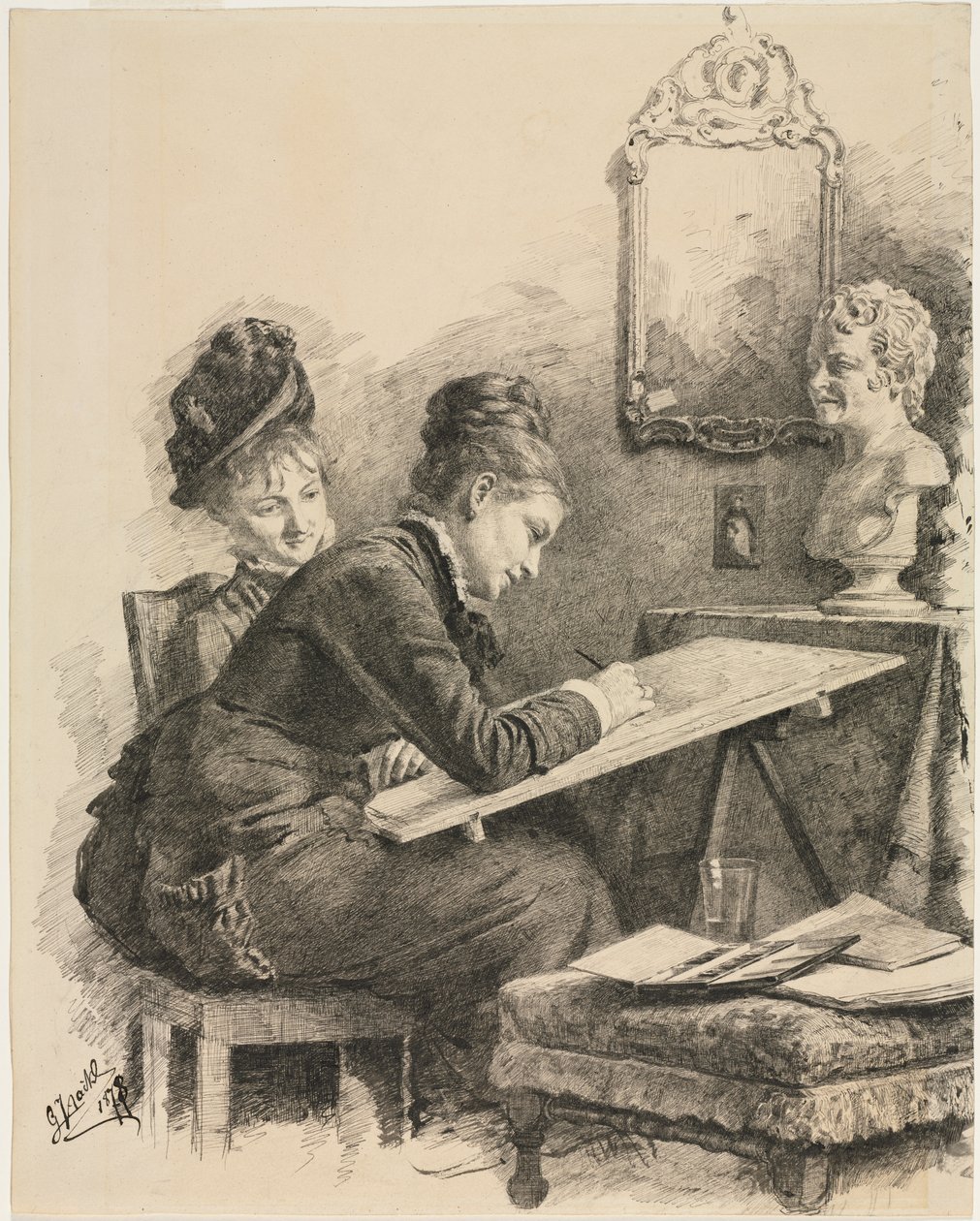 To kvinder, der tegner en skulptur, 1878. af Gabriel von Hackl