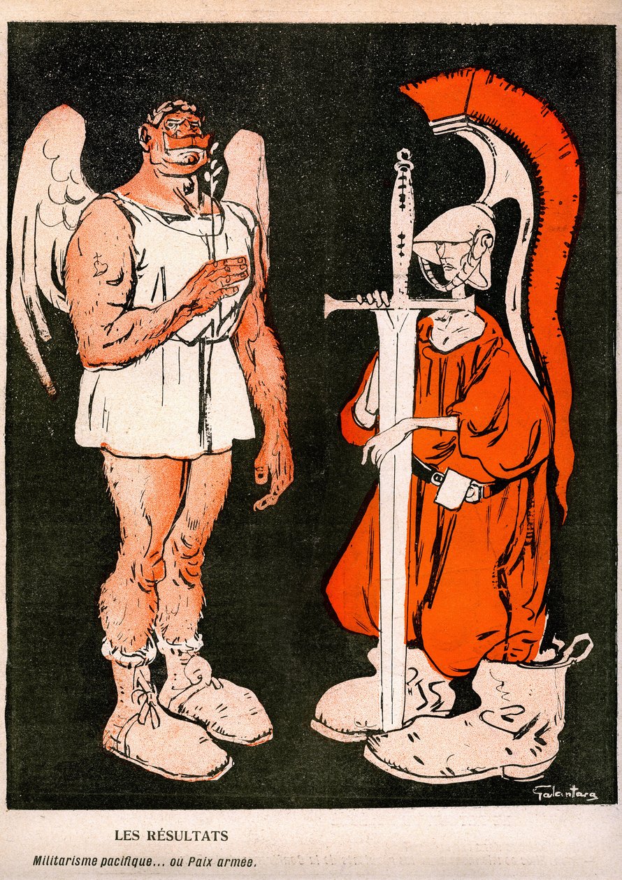 Krig og fred. Allegorie (tegneserie) af Gabriele Galantara (1867-1937) på sidste forside af den franske satiriske avis "" L