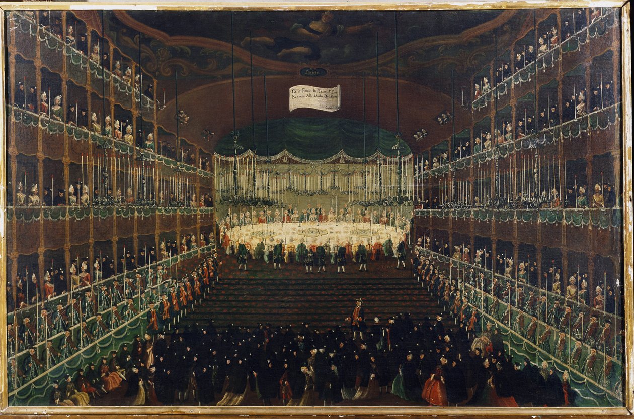 Et måltid i San Benedetto Theatre - "" Reception til ære for nordens fyrster"" Banket, der samler ambassadører. Maleri af Gabriel Bella (1730-1799) Venedig fra det 18. århundrede, Galleria Fondazione Querini Stampalia af Gabriele Bella