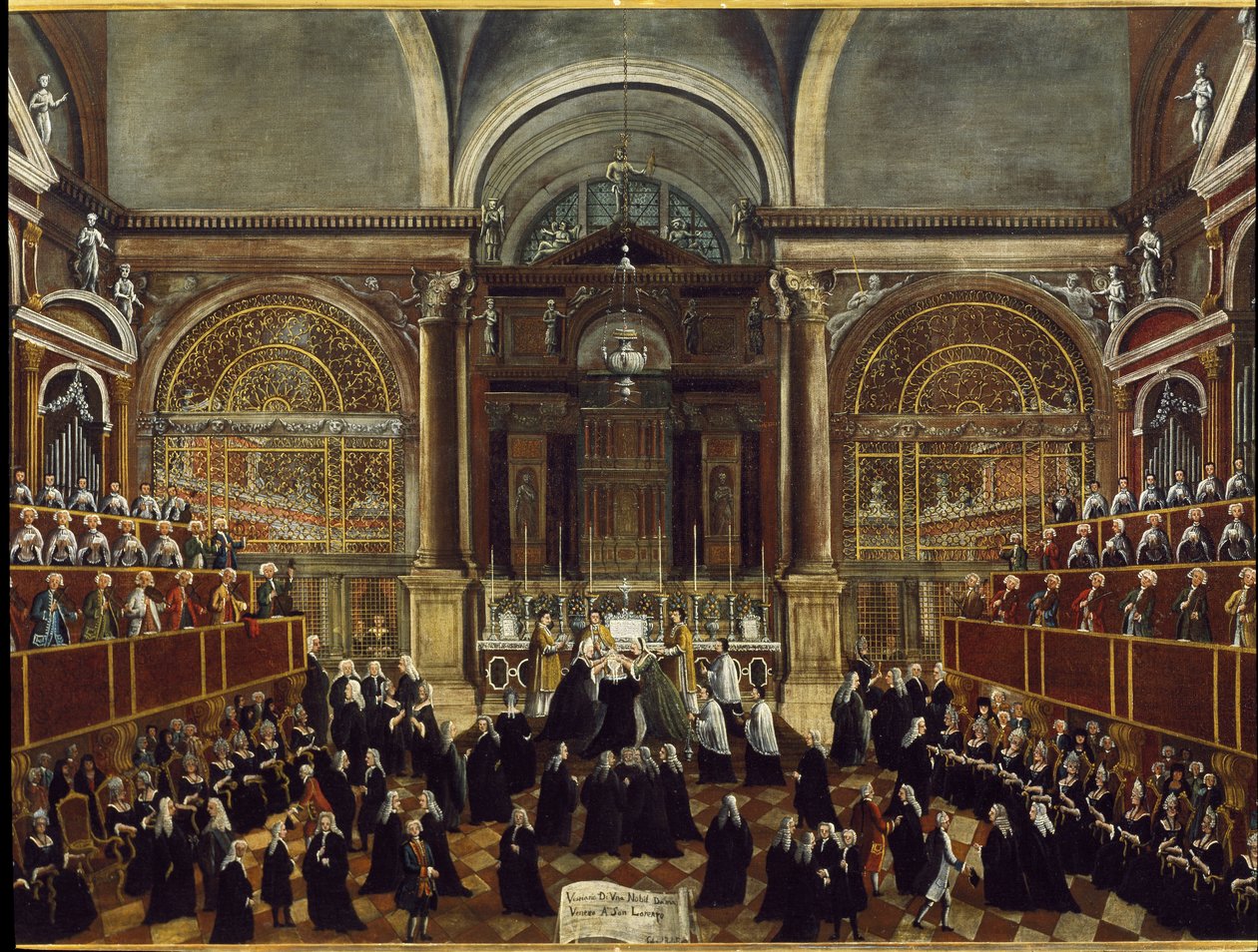 Ceremoni med at tage en nonne kjole i San Lorenzo-kirken i Venedig. Detaljemaleri af Gabriele Bella (1730-1799) 1789 Dim 94x148 cm Venedig Fondazione "" Querini Stampalia"" af Gabriele Bella