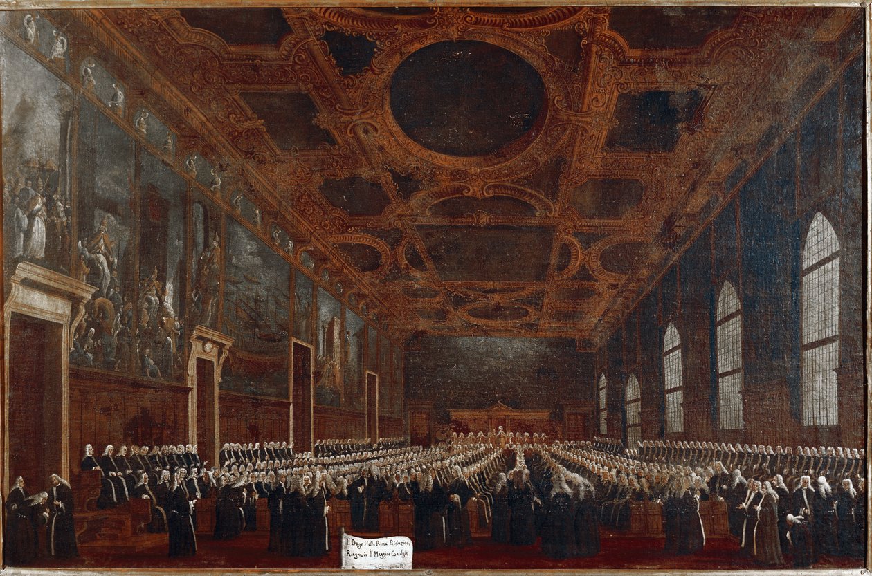 Første audiens af Doge of Venedig før det store råd (olie på lærred af Gabriele Bella