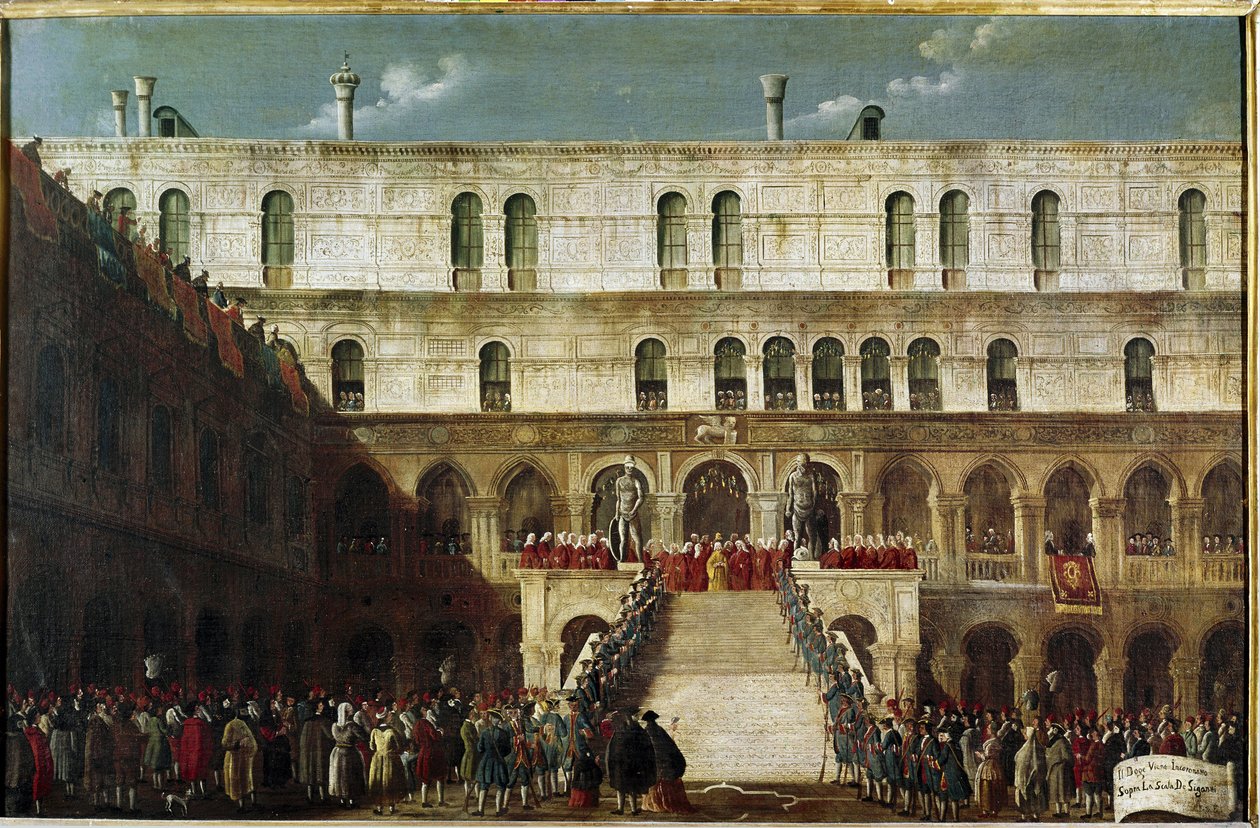Induktion af Dogen til Geanternes Trappe (Kroning af Dogen på Scala dei Giganti i Venedig) - Maleri af Gabriele Bella (ca. Venedig, Querini Stampalia Foundation af Gabriele Bella