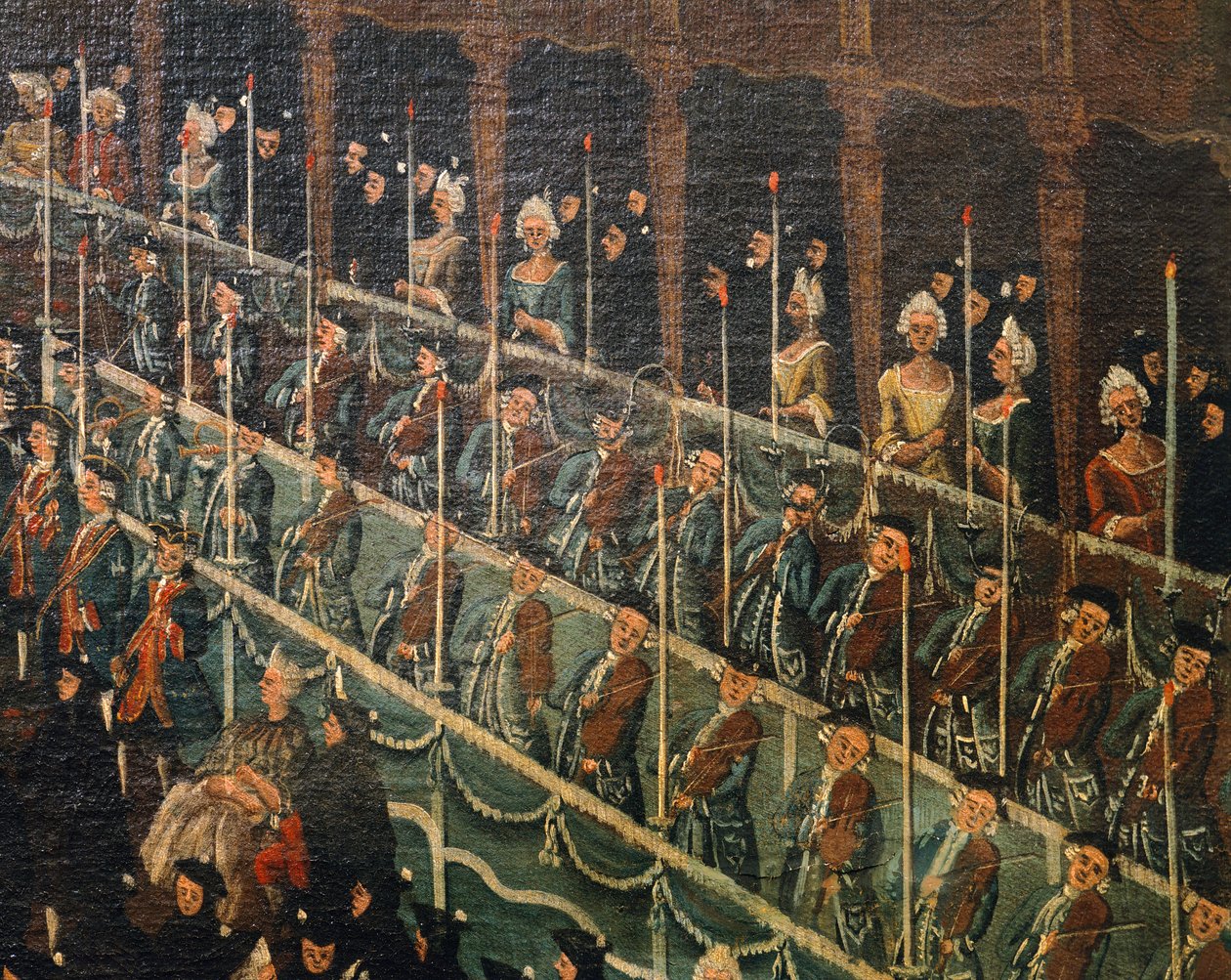 Musikere, detalje fra frokost i San Benito Theatre tilbudt af Doge til ære for nordens fyrster, Venedig, af Gabriel Bella (1730-1799), Olie på lærred af Gabriele Bella