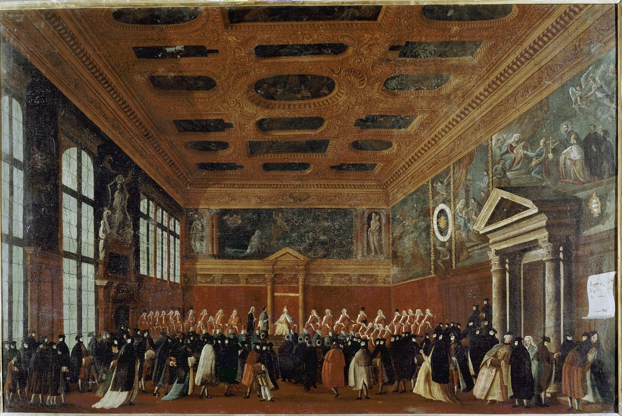 Reception of ambassadors at the Collegio (Venedig, reception of ambassador at the Collegio) - Maleri af Gabriele Bella (ca. 1730-1799), olie på lærred, 99x150 cm. Venedig, Querini Stampalia Foundation af Gabriele Bella