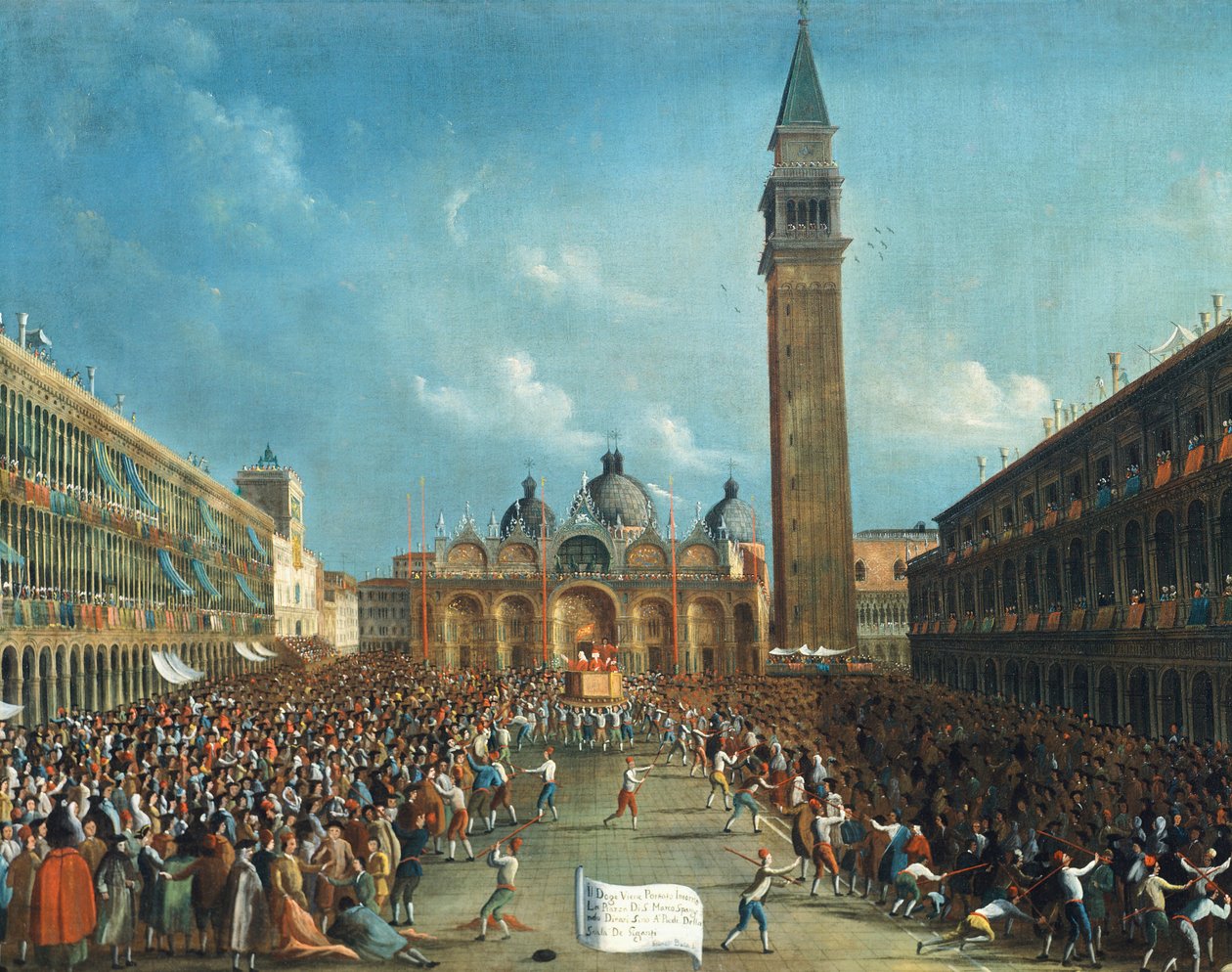 Dogen bliver båret triumferende og spreder penge på Piazza San Marco (Markuspladsen) af Gabriele Bella