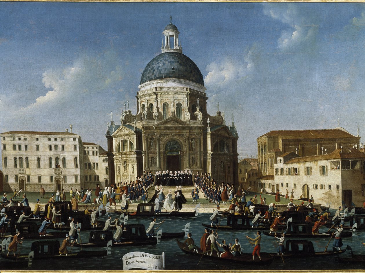 En adelig dames bryllup i Santa Maria della Salute (Ægteskab med en adelig dame i Venedig i Santa Maria della Salute) - Maleri af Gabriele Bella (ca. 1730-1799), 94x148 cm. Venedig, Querini Stampalia Foundation af Gabriele Bella