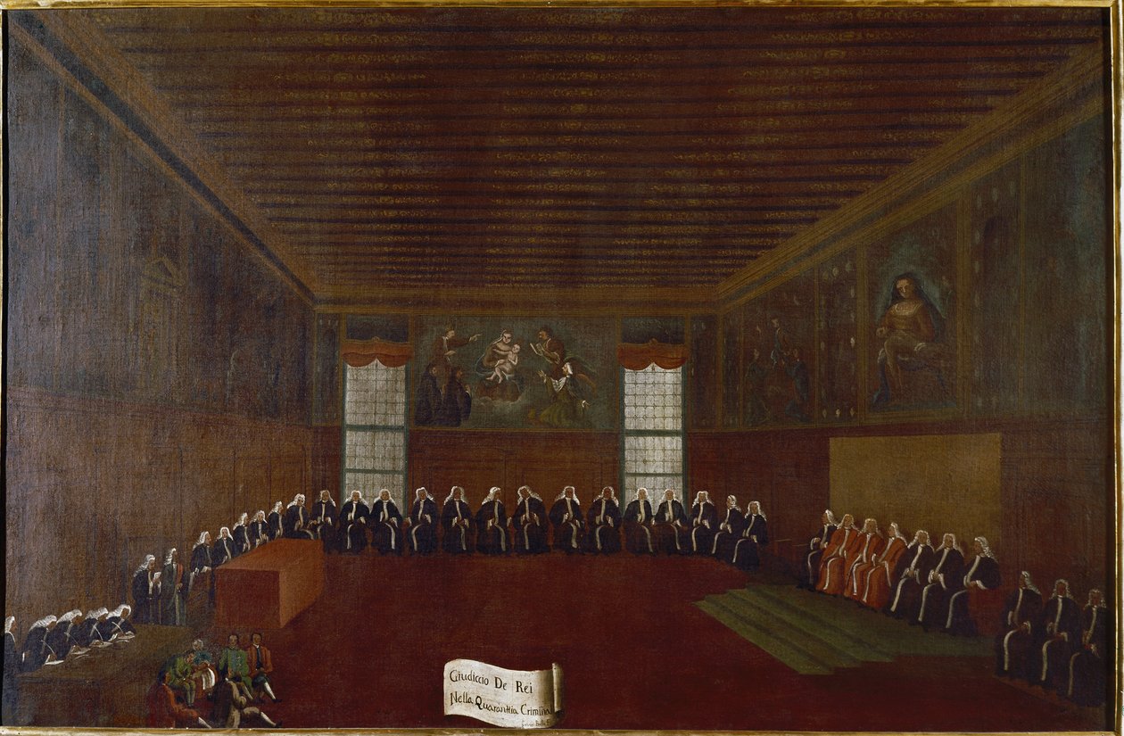 Udsigt over værelset i Kriminalkarantænen, Højesteret eller Råd for de Fyrre Maleri af Gabriele Bella (1733-1799) Venedig fra det 18. århundrede, Fondazione "" Querini Stampalia"" af Gabriele Bella