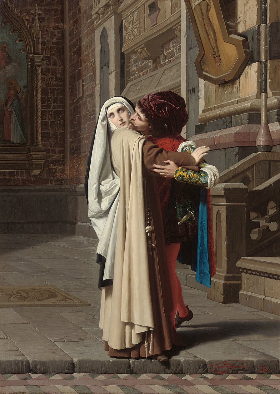 Fra Filippo Lippis og Lucrezia Butis omfavnelse, 1871 af Gabriele Castagnola
