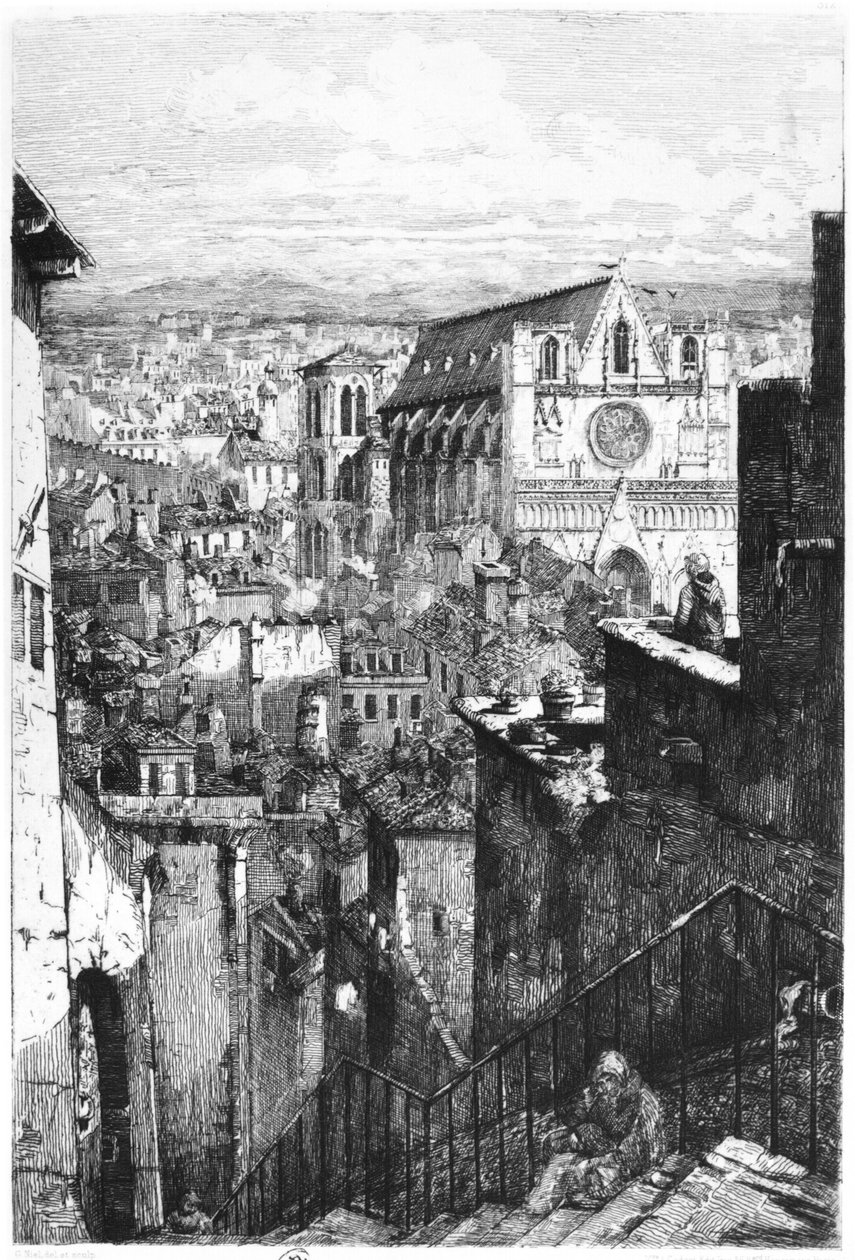 Udsigt over Saint-Jean kirken, Lyon, midten af det 19. århundrede (bw foto) af Gabrielle Marie Niel