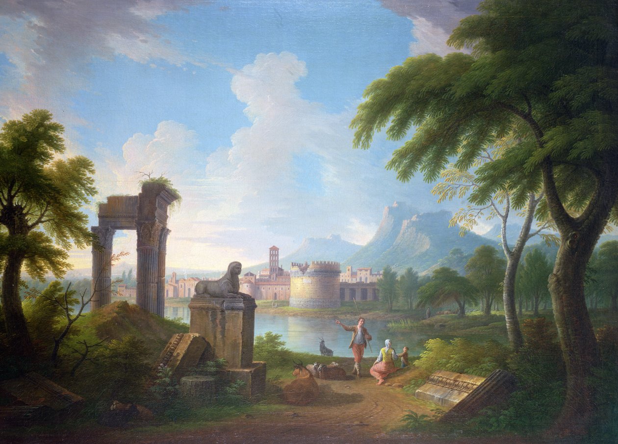 Bjergrigt flodlandskab med Cecilia Metellas grav og Campanile of Campovaccino, 1752 (olie på lærred lagt på masonit) af Gabrielle Ricciardelli