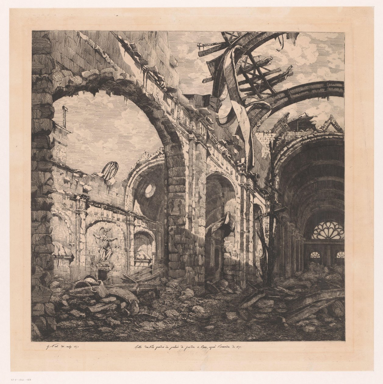 Ruïne van de Salle des Pas Perdus i Paris med varebil fra 1871 Salle des pas perdus i Palais de Justice i Paris efter branden i 1871 (titel på objektet) af Gabrielle Marie Niel